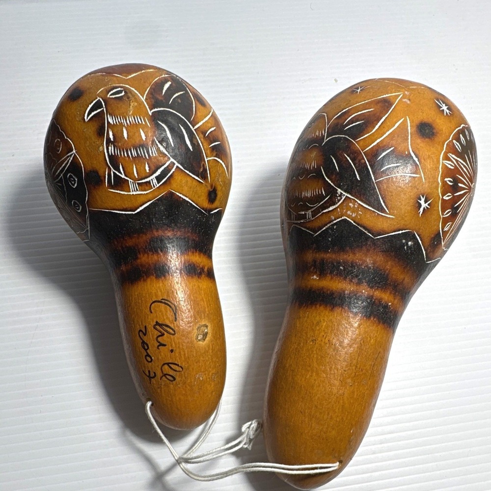 Chilean Hand Carved Gourd Maracas Pair Signed Chile 2007 Folk Art Shakers